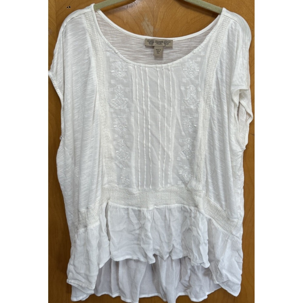 Vintage America Crochet Lace Embellished Trim Ruffle Hem Peplum Top White Sz XL